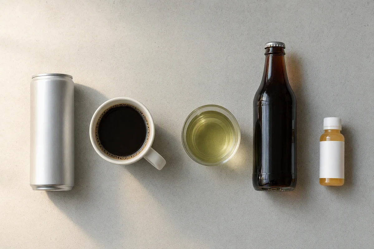 An energy drink can, a mug of coffee, a glass of green tea, a cola bottle and a two ounce energy shot lined up in a row