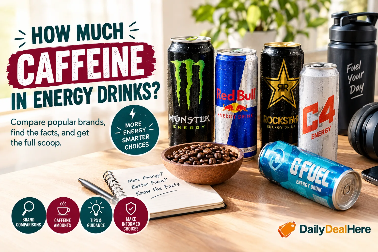 Popular energy drink cans on a desk with coffee beans and a notebook asking how much caffeine is in energy drinks