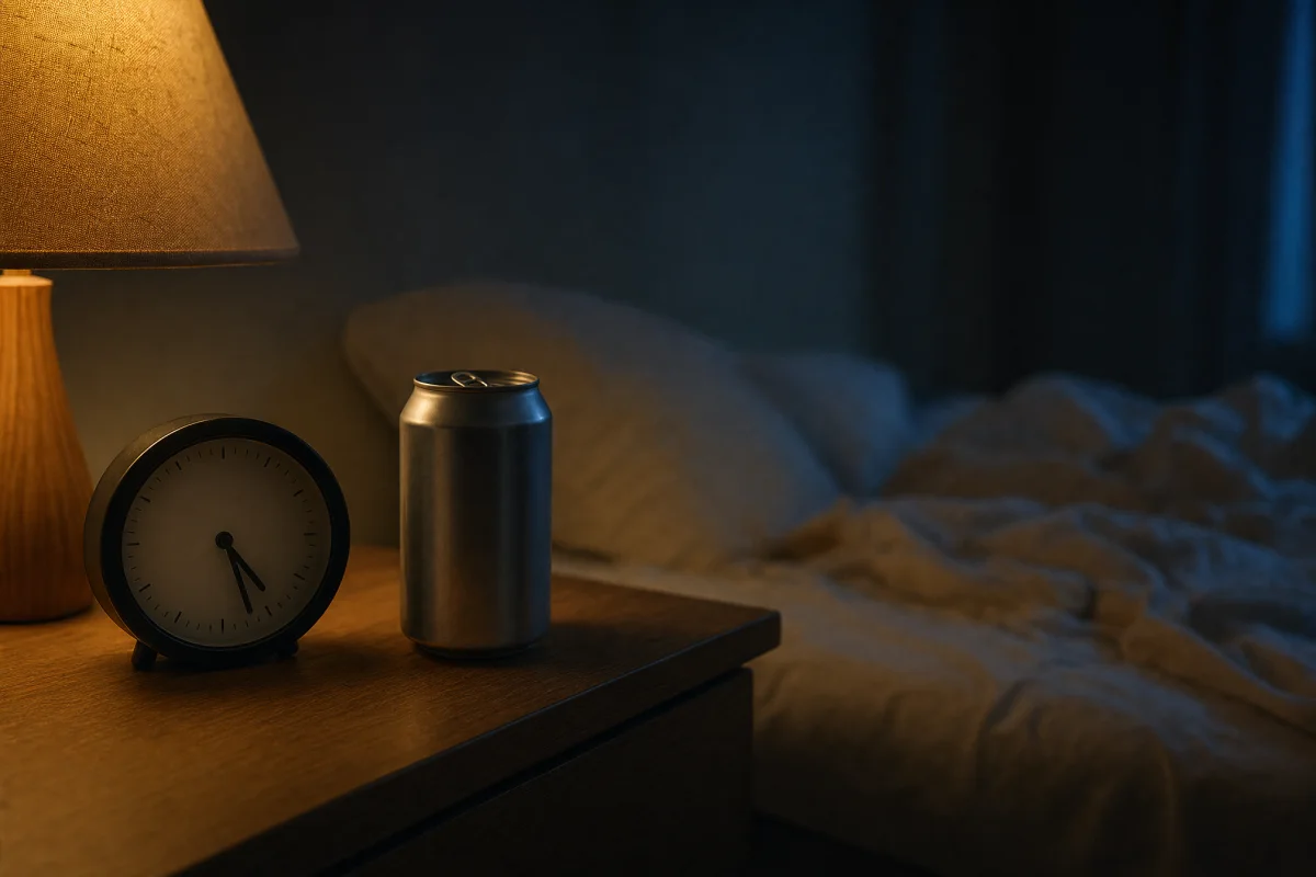 An alarm clock and a half finished energy drink can on a nightstand in a dark bedroom