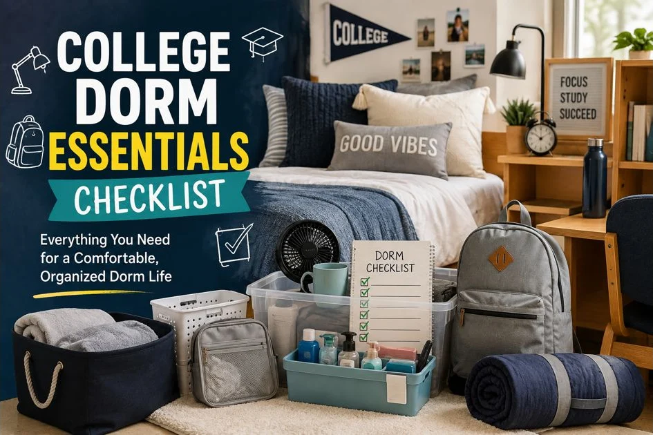 Dorm room with bedding, storage bins, backpack and a dorm checklist