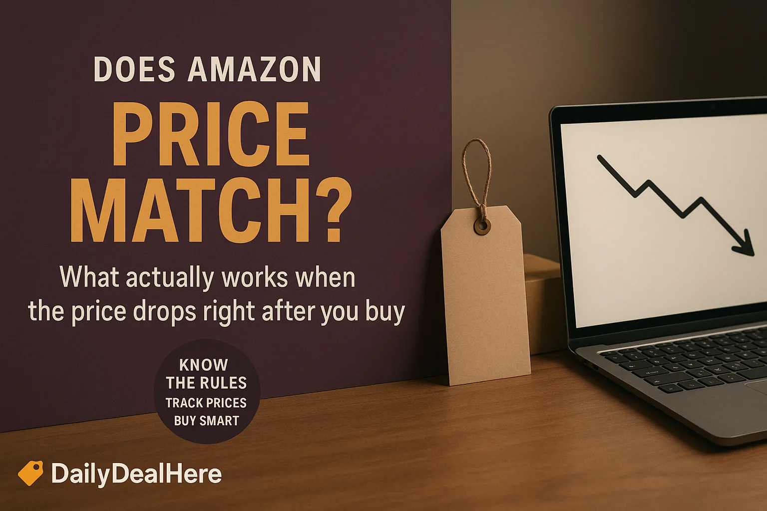Laptop showing a falling price chart next to a blank price tag on a desk