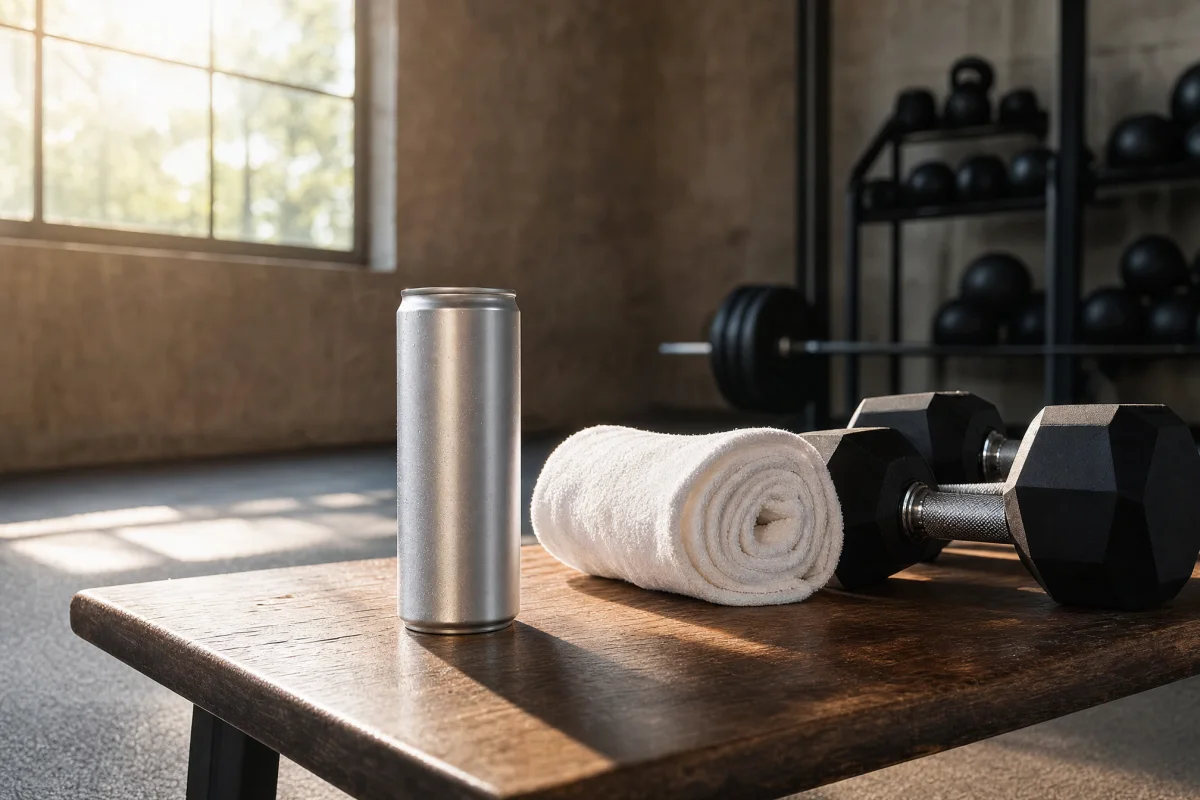 An energy drink can on a gym bench next to a rolled towel and dumbbells