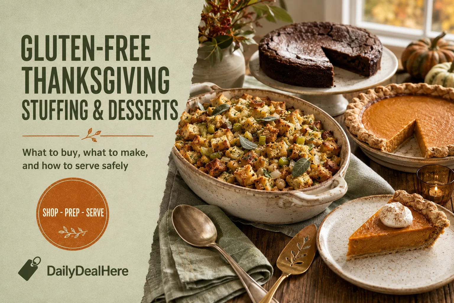 Gluten free Thanksgiving spread with herb stuffing in a baking dish, pumpkin pie and flourless chocolate cake