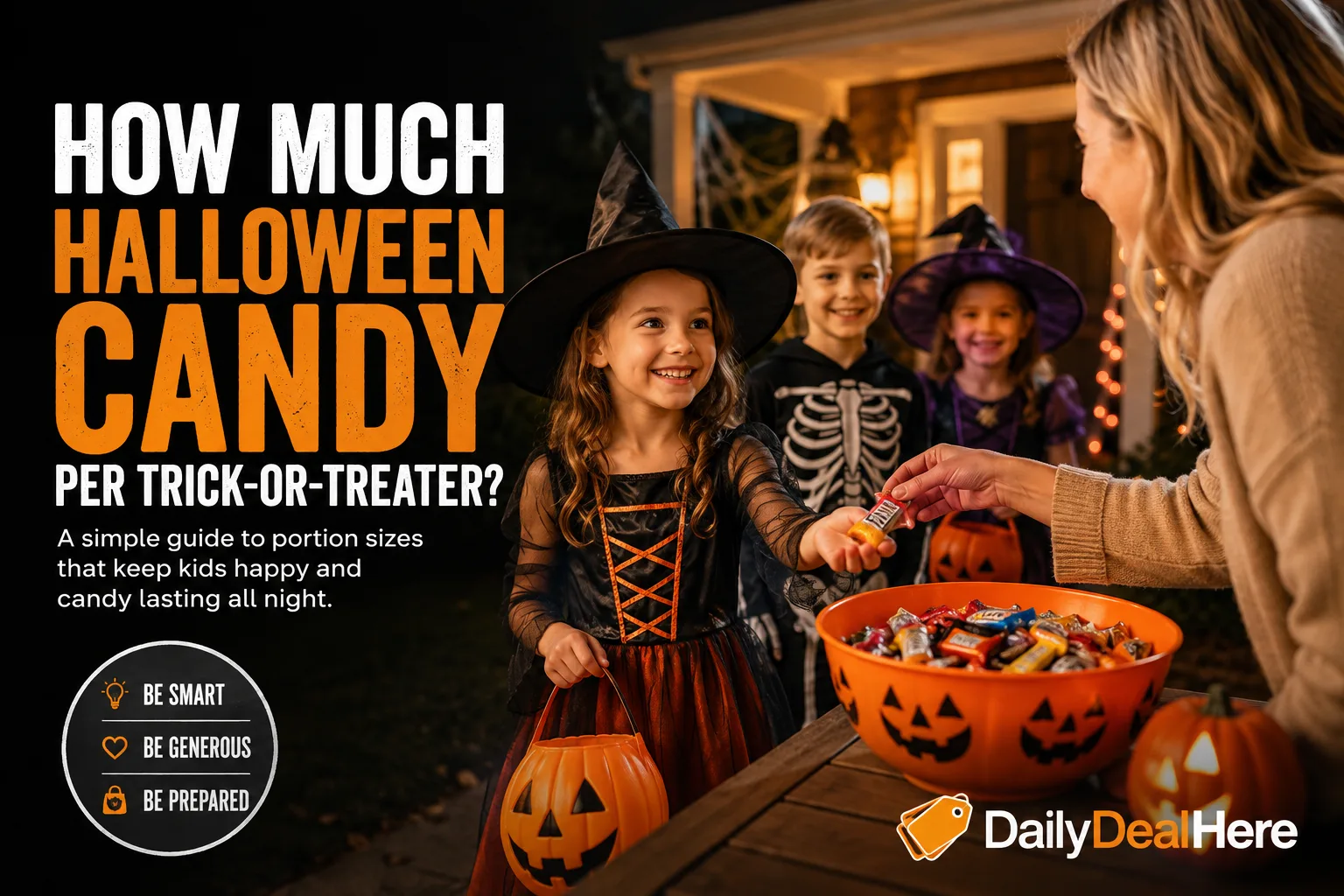 Neighbor handing Halloween candy from a pumpkin bowl to kids in costumes at the front porch