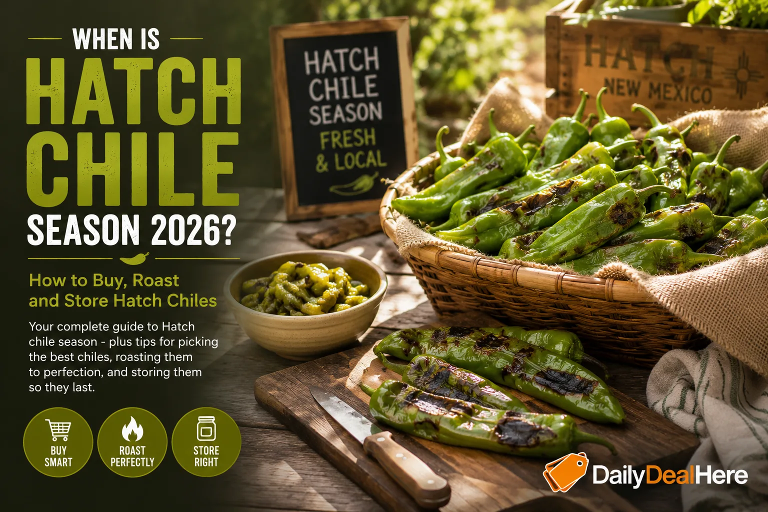 Basket of fresh and roasted Hatch green chiles with a Hatch New Mexico crate at a farm stand