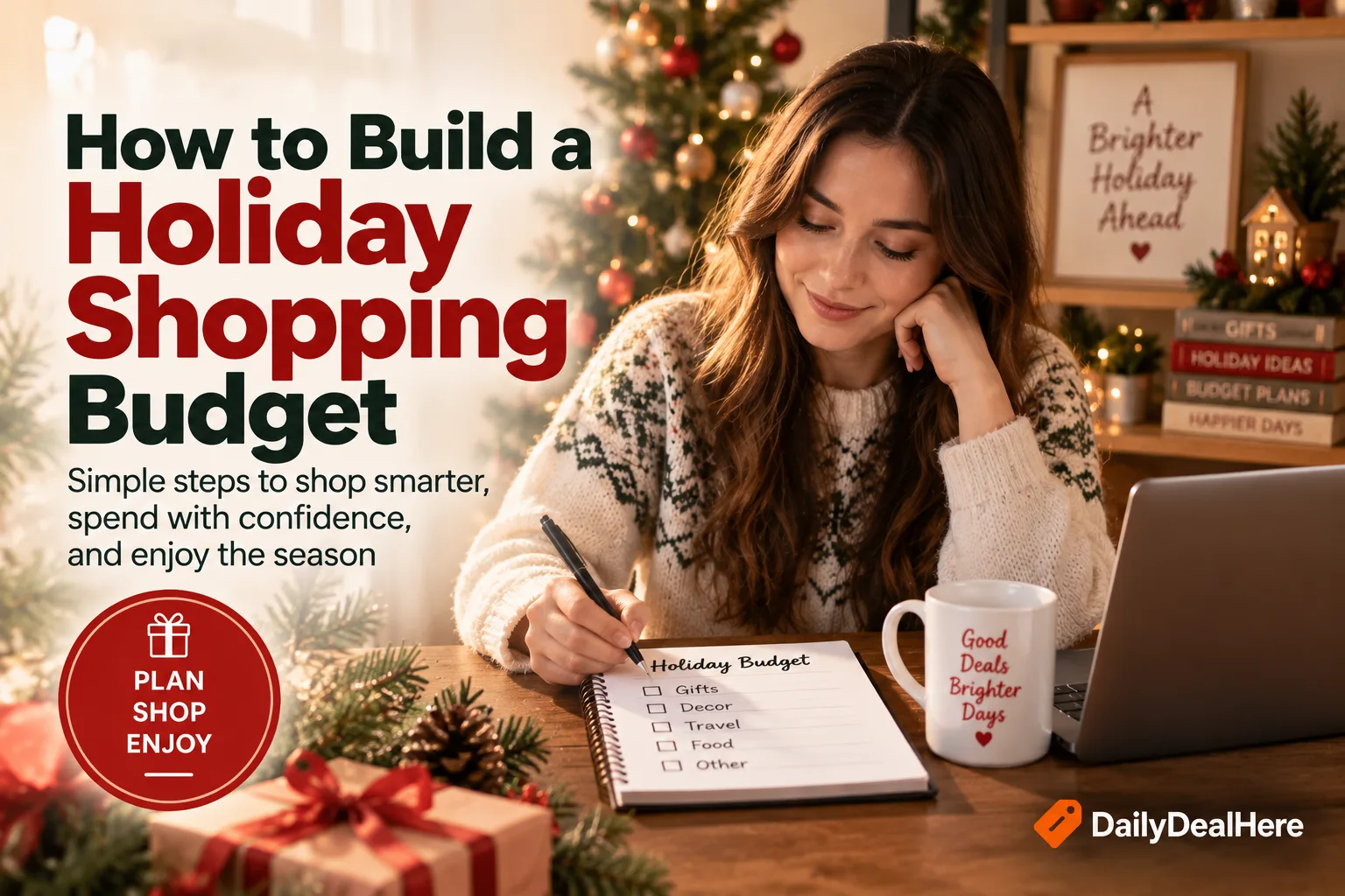 A person filling in a holiday budget notepad with categories for gifts, decor, travel, food and other
