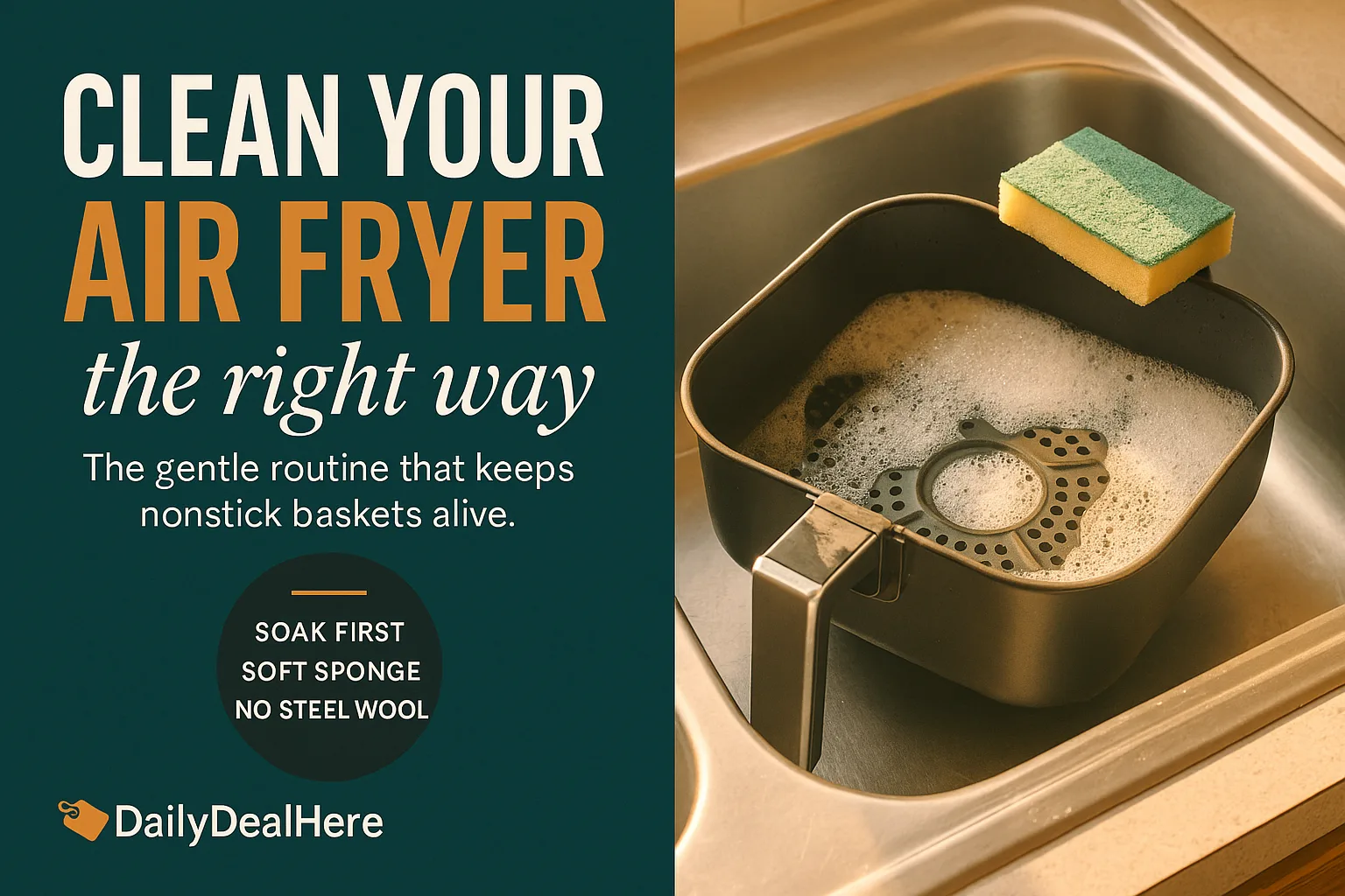 Air fryer basket soaking in warm soapy water in a kitchen sink with a soft sponge
