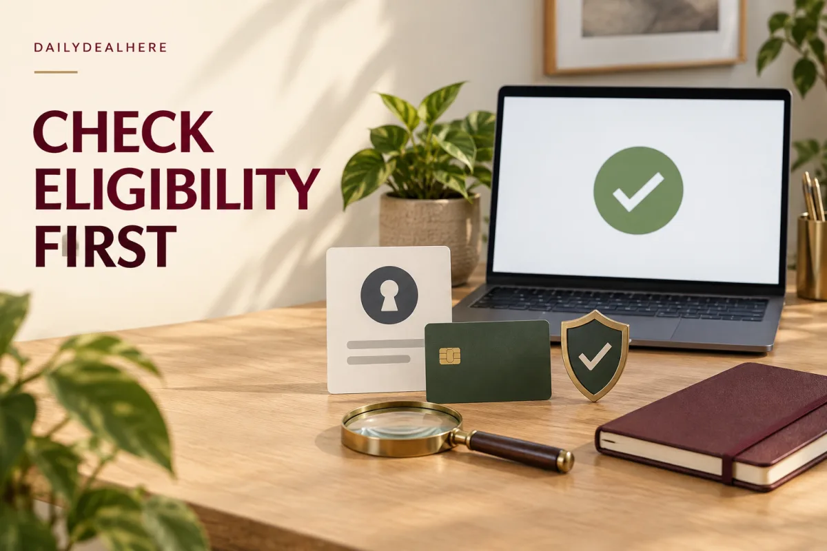 Check eligibility first: a laptop showing a green check mark next to an account card, a payment card and a shield