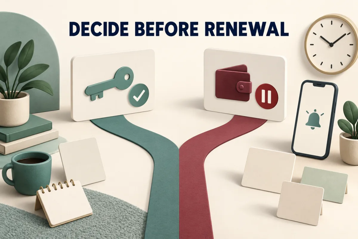Decide before renewal: two paths, one to keep the membership and one to pause or end it, with a phone reminder