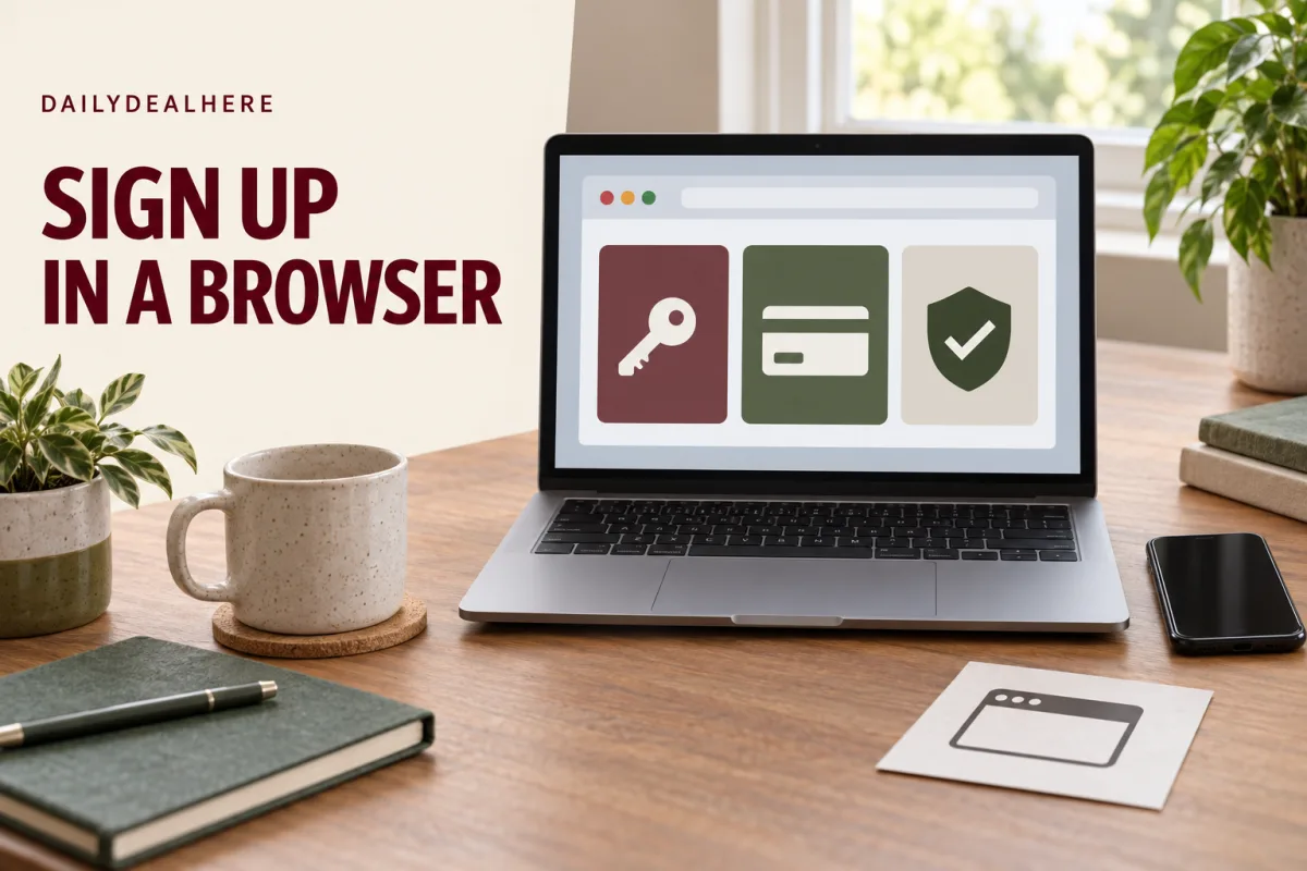 Sign up in a browser: a laptop screen showing sign-in, payment and confirmation steps on a desk