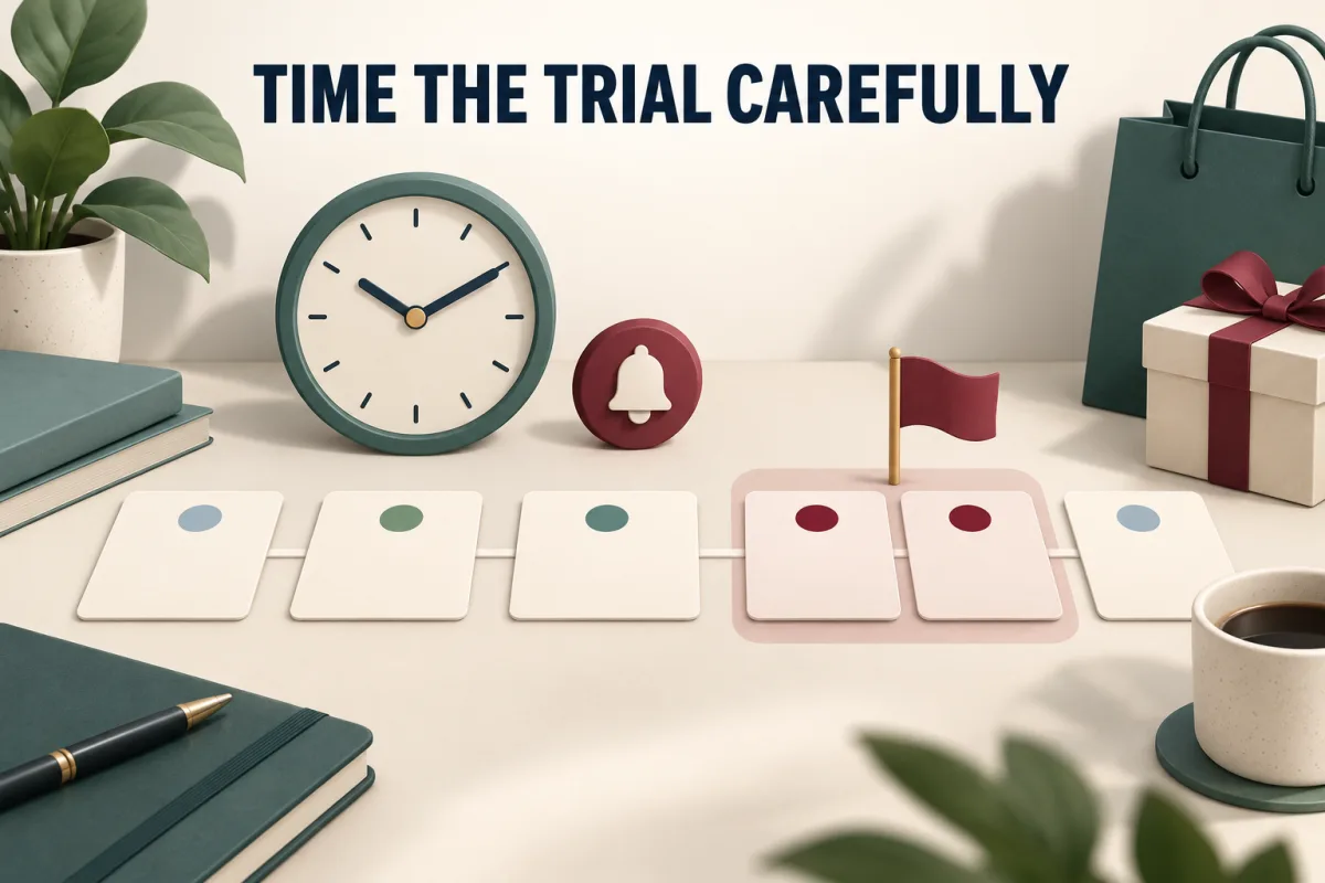 Time the trial carefully: a row of calendar cards with the sale days flagged, beside a clock and a gift box