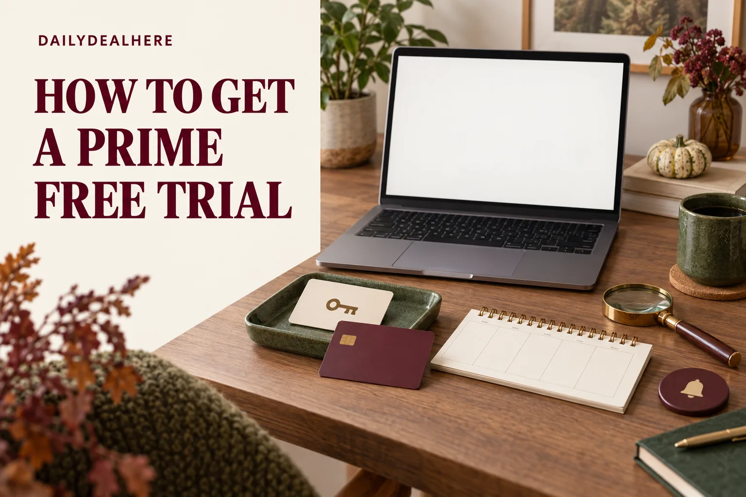 How to get a Prime free trial: a laptop on a wooden desk with a key, a payment card, a planner and a magnifying glass