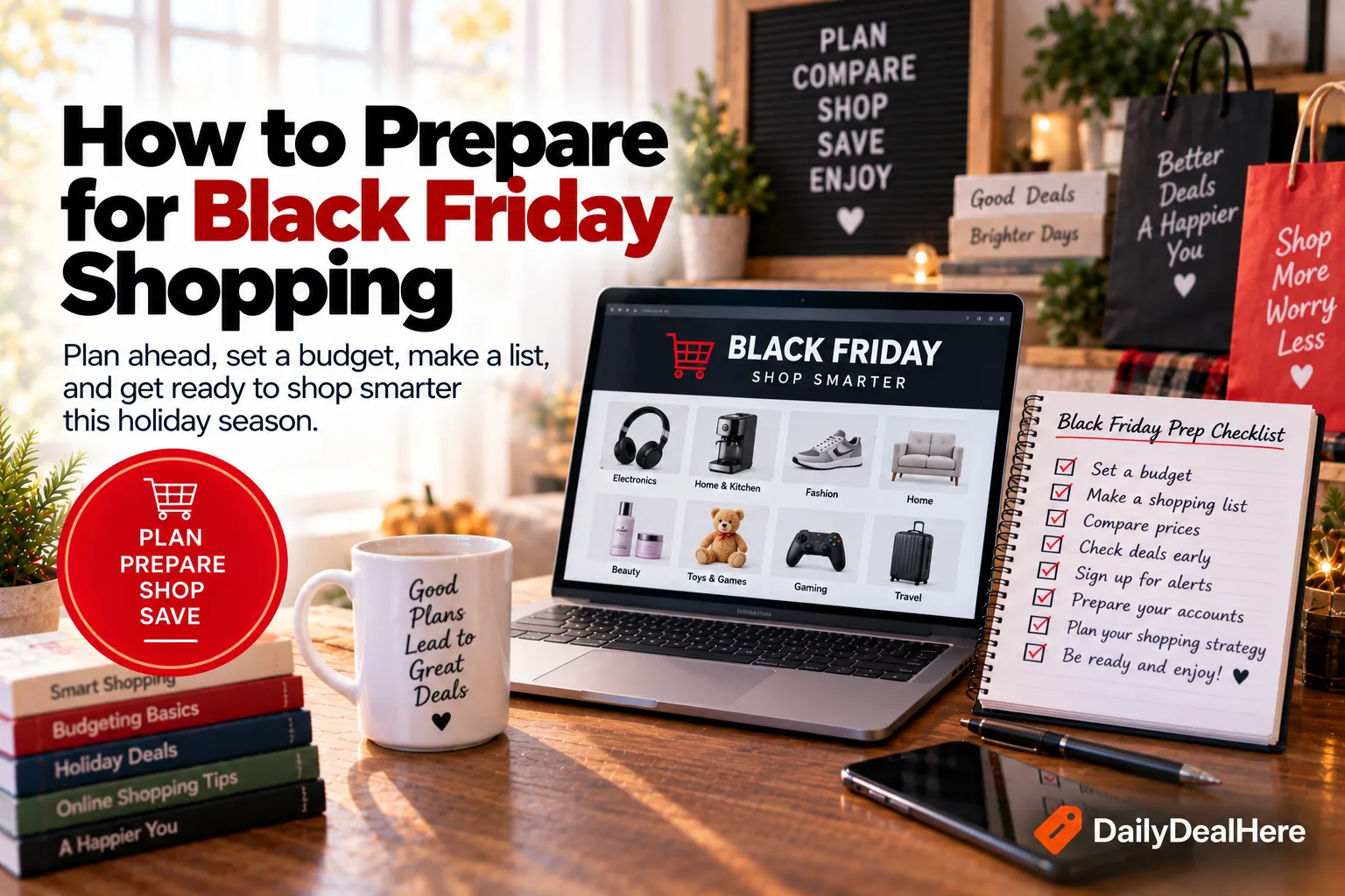 Black Friday prep checklist beside a laptop showing shopping categories