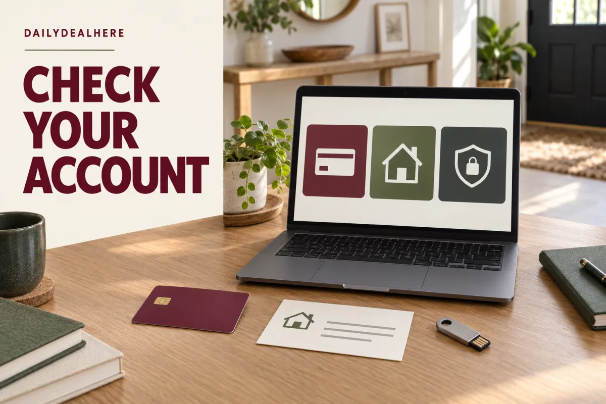 Check your account: a laptop showing payment, address and security settings beside a card and an address card