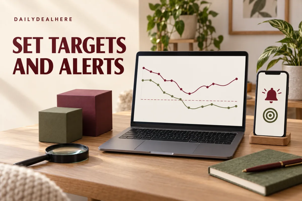 Set targets and alerts: a laptop showing a price chart with a target line and a phone with an alert bell