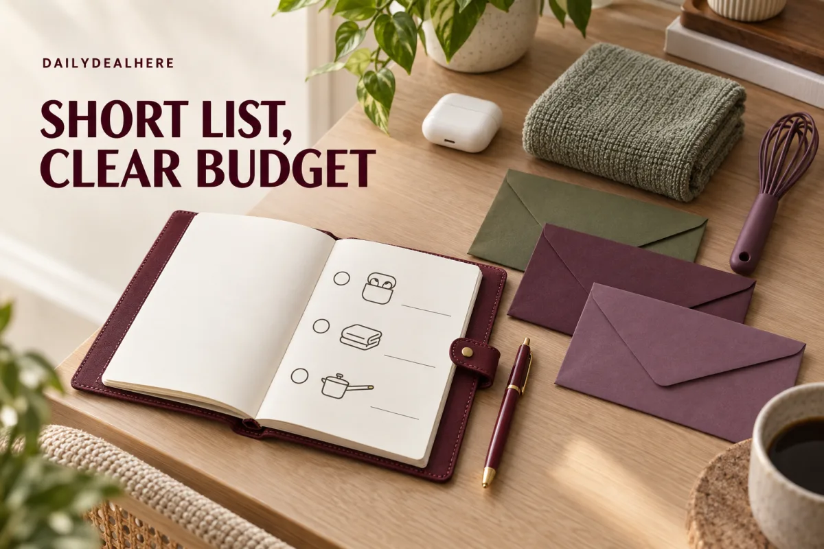Short list, clear budget: an open planner with a short checklist of items next to a pen and envelopes