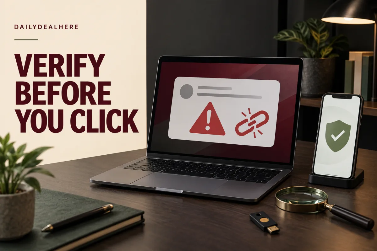 Verify before you click: a laptop showing a warning and a broken link icon next to a phone with a security check