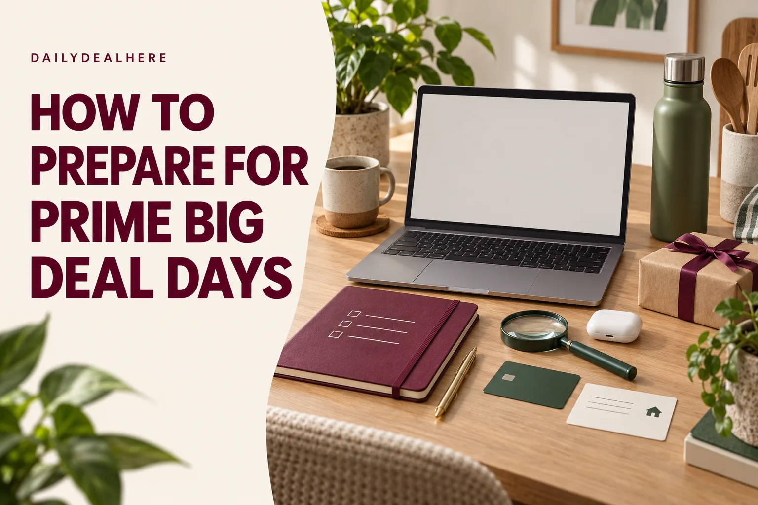 How to prepare for Prime Big Deal Days: a laptop, a checklist notebook, a payment card and a gift box on a desk