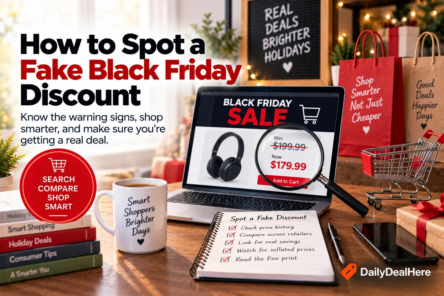 Magnifying glass over a crossed out price beside a checklist for spotting a fake discount