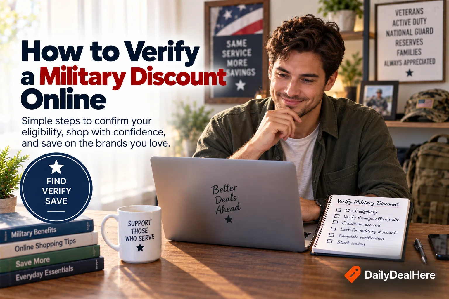 Notebook checklist for verifying a military discount while shopping online