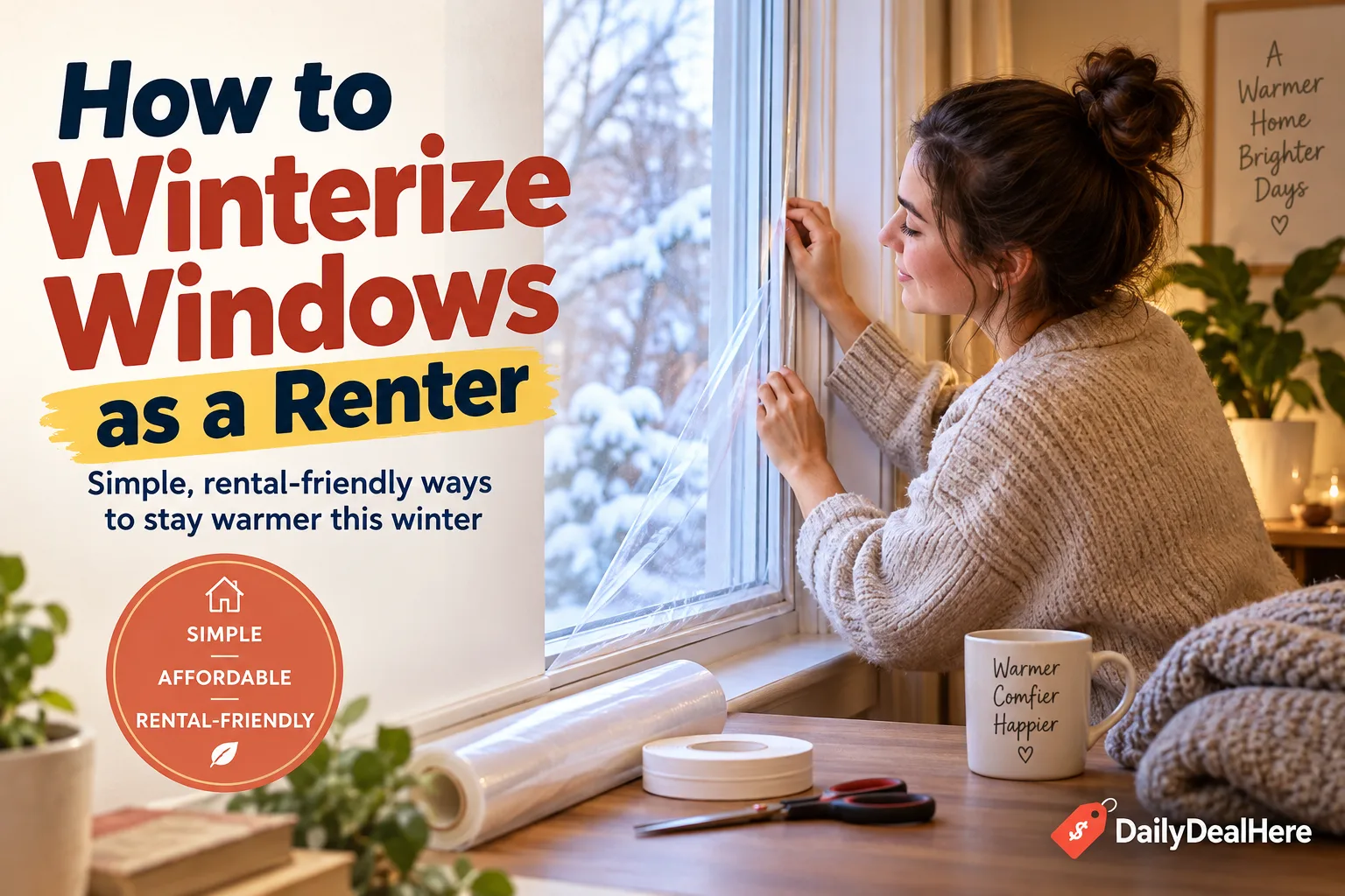 A renter smoothing insulating shrink film onto a window frame with film roll, tape and scissors on the table