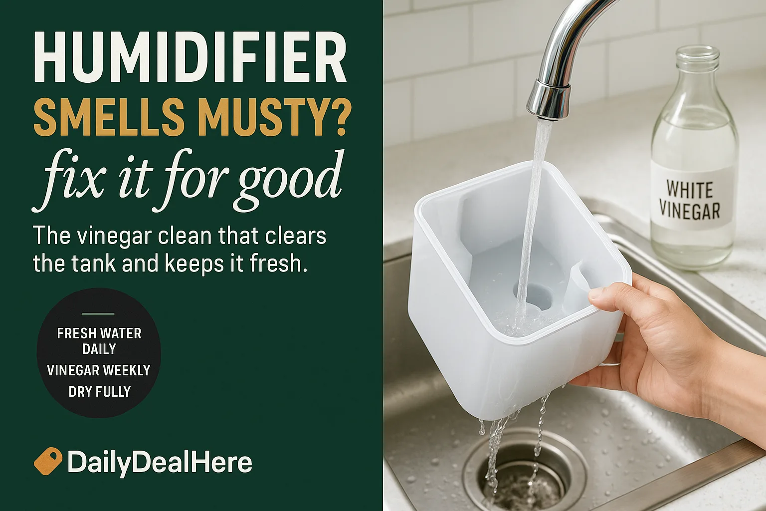Humidifier tank being rinsed under a faucet beside a bottle of white vinegar