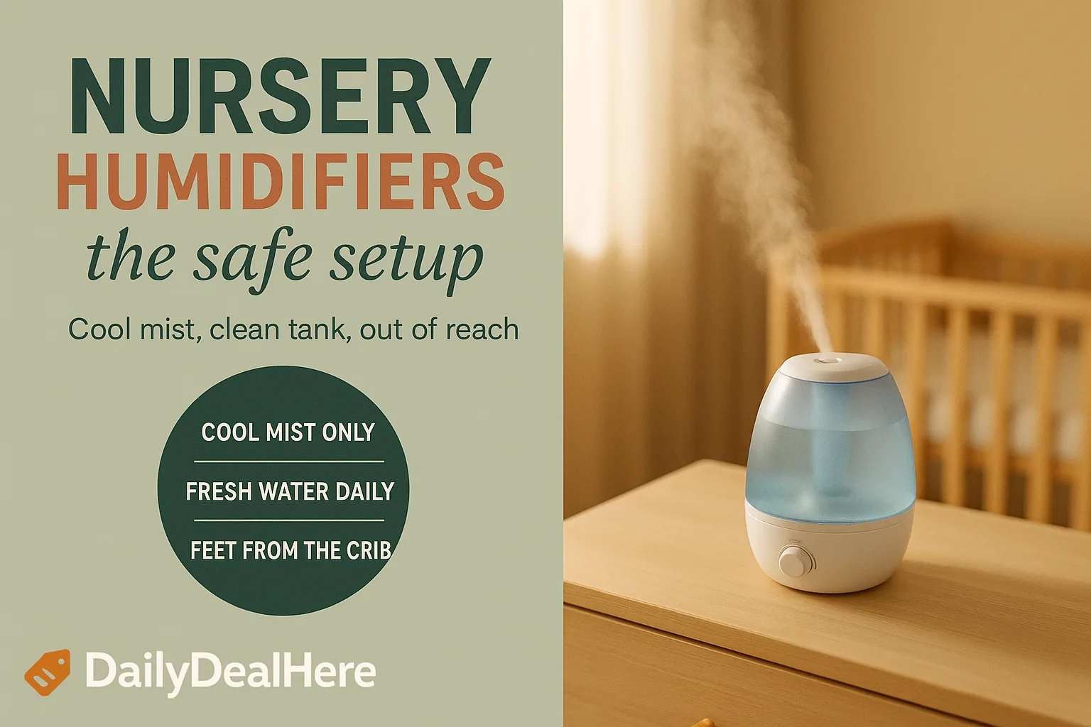 Cool mist humidifier misting on a nursery dresser with a crib in the background