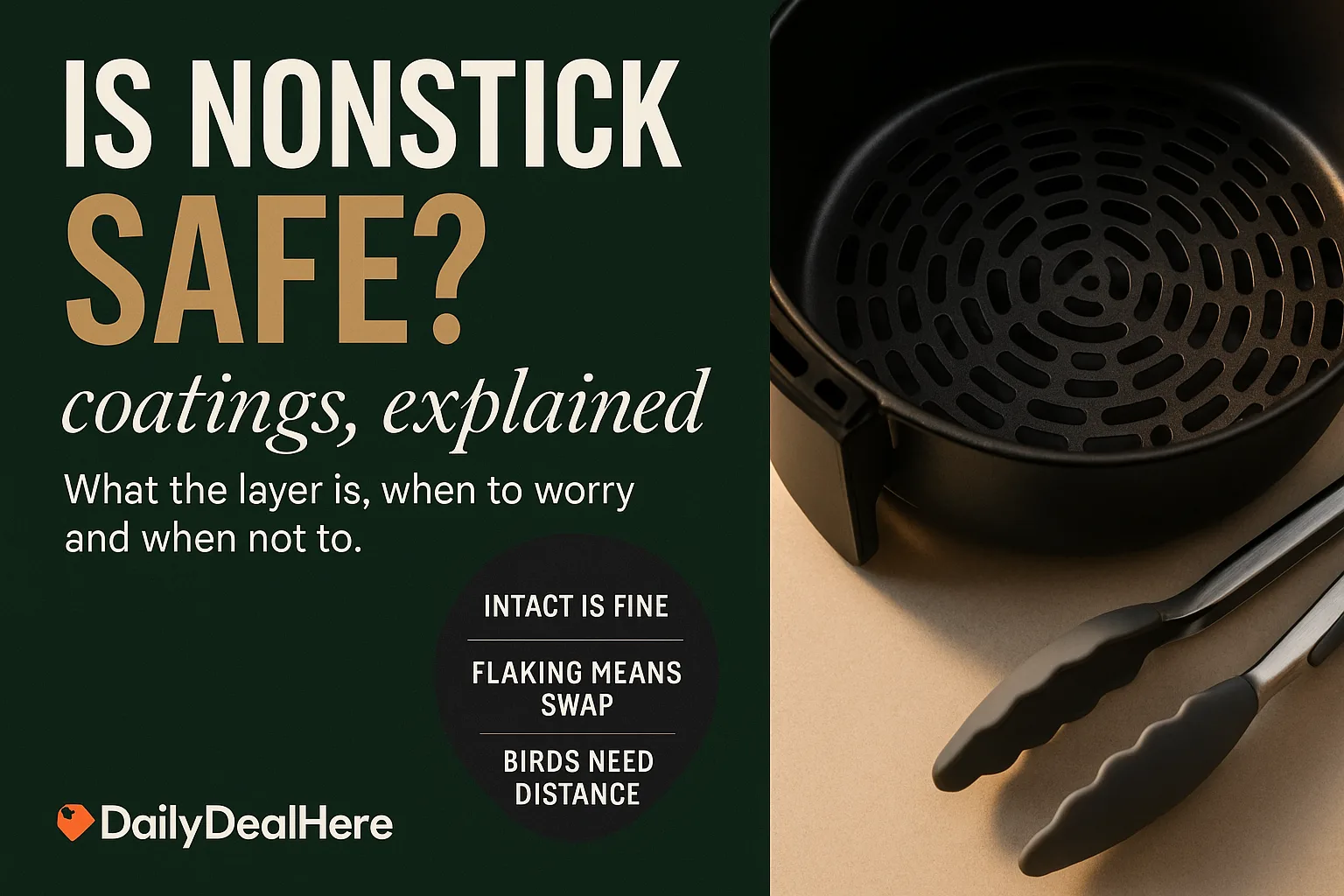 Close view of a dark nonstick air fryer basket with silicone tongs on a counter