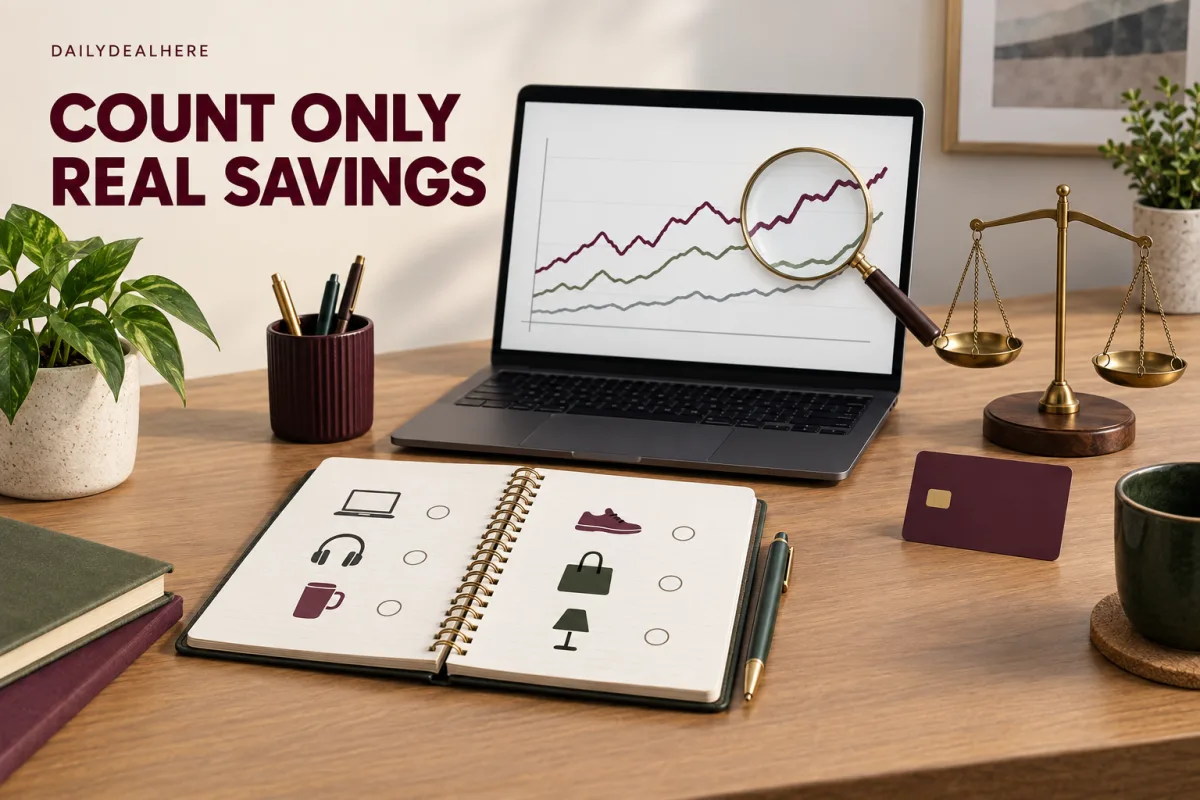 Count only real savings: a laptop showing a price history chart under a magnifying glass beside a shopping list