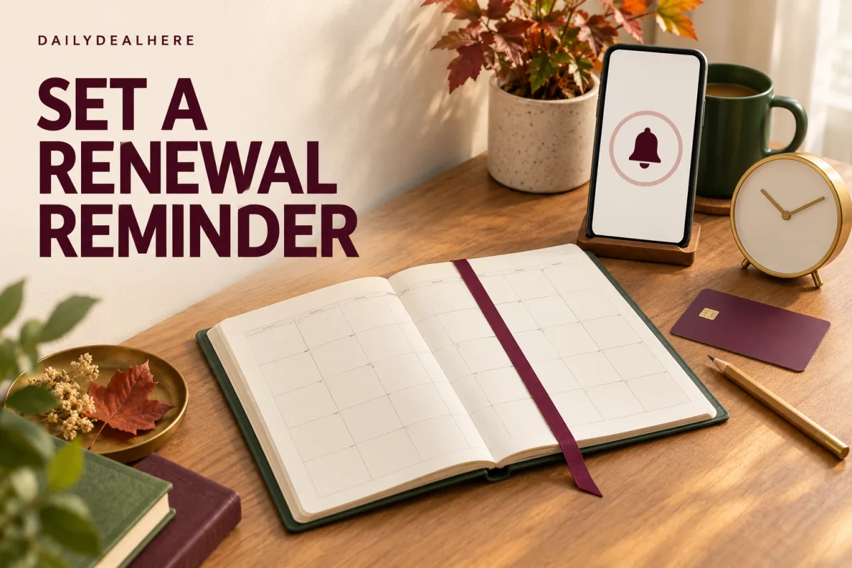 Set a renewal reminder: a phone showing a bell alert next to an open planner, a clock and a payment card