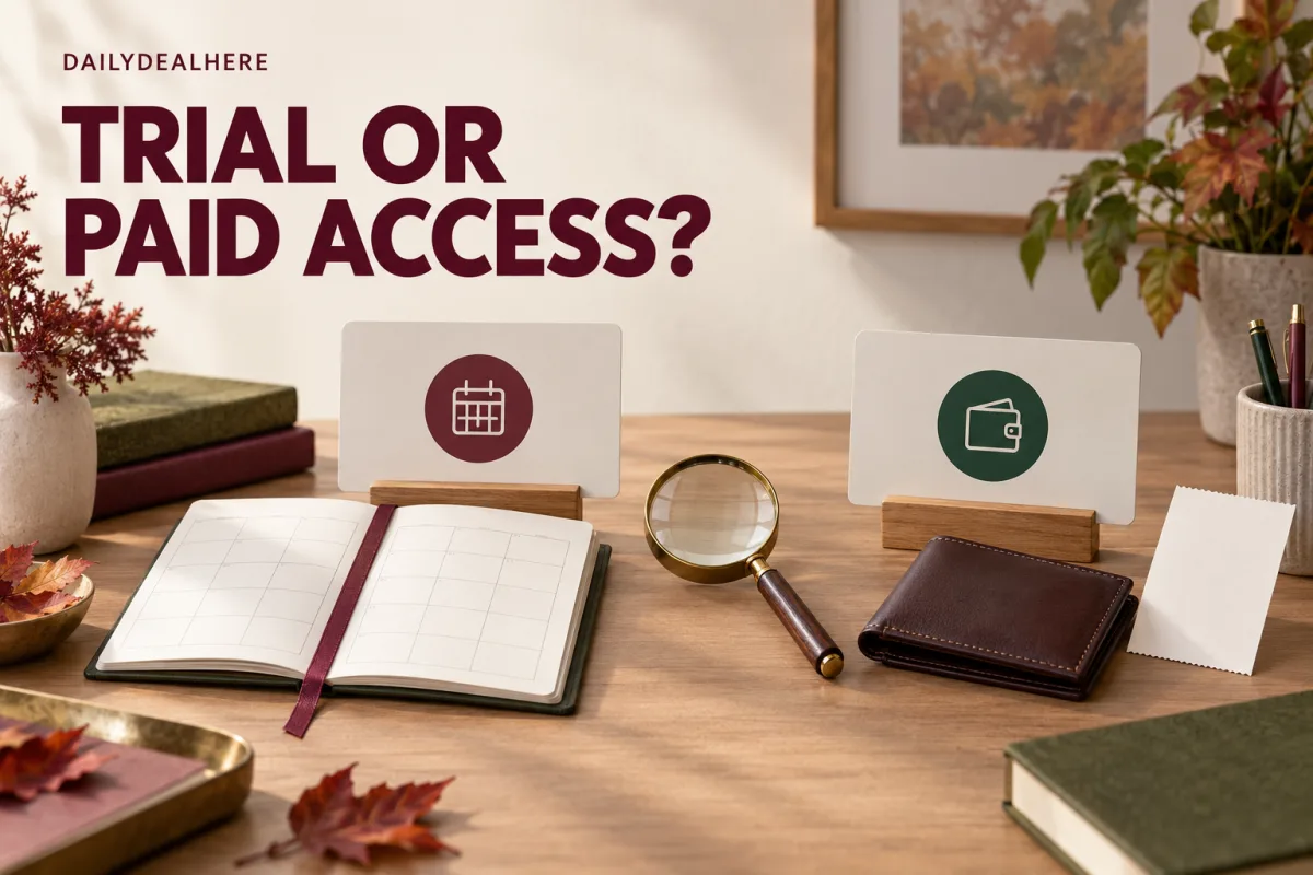Trial or paid access: a calendar card and a wallet card on a desk with an open planner and magnifying glass