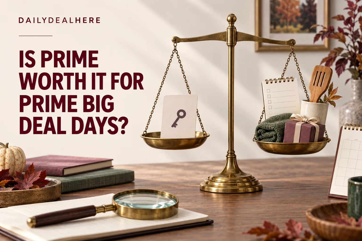 Is Prime worth it for Prime Big Deal Days: a brass balance scale weighing a membership key against a gift box and household items