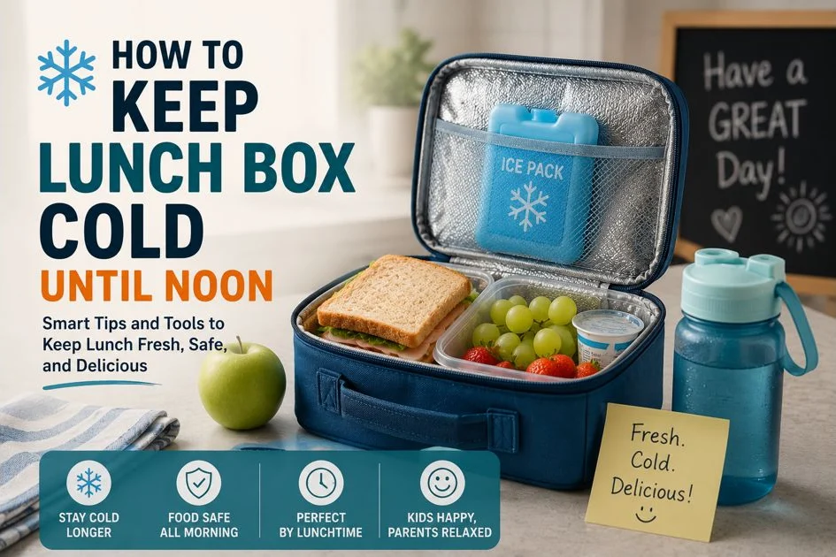 Insulated lunch box with an ice pack, sandwich, fruit and a water bottle