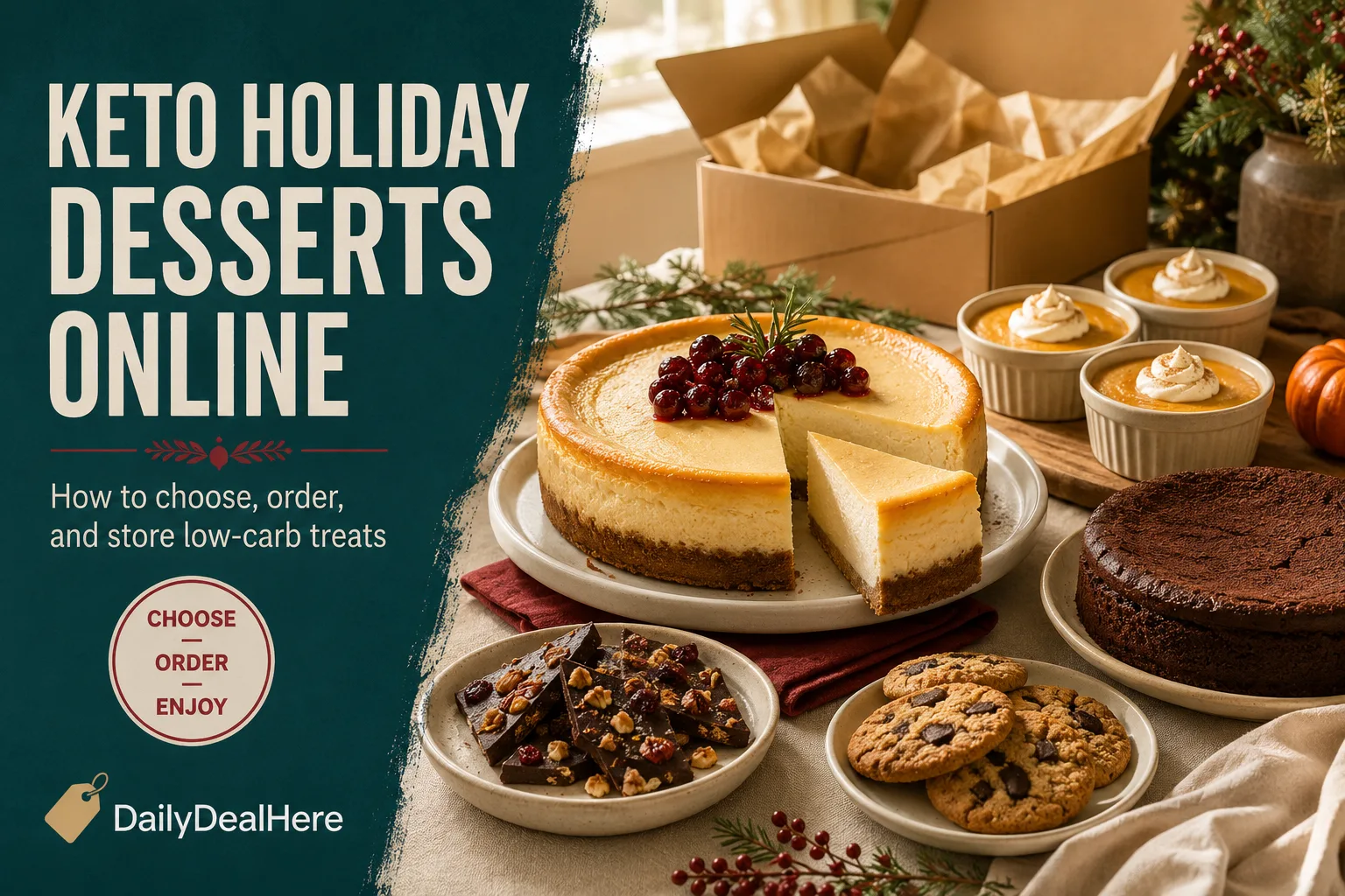 Keto holiday desserts including low carb cheesecake, chocolate cake, pumpkin custards and cookies