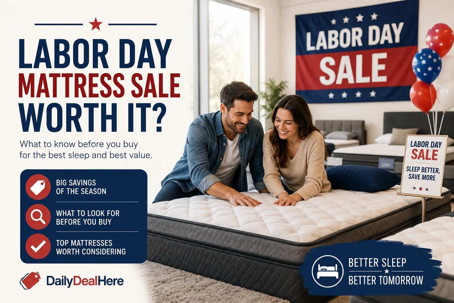 Couple examining a mattress in a showroom during a Labor Day mattress sale