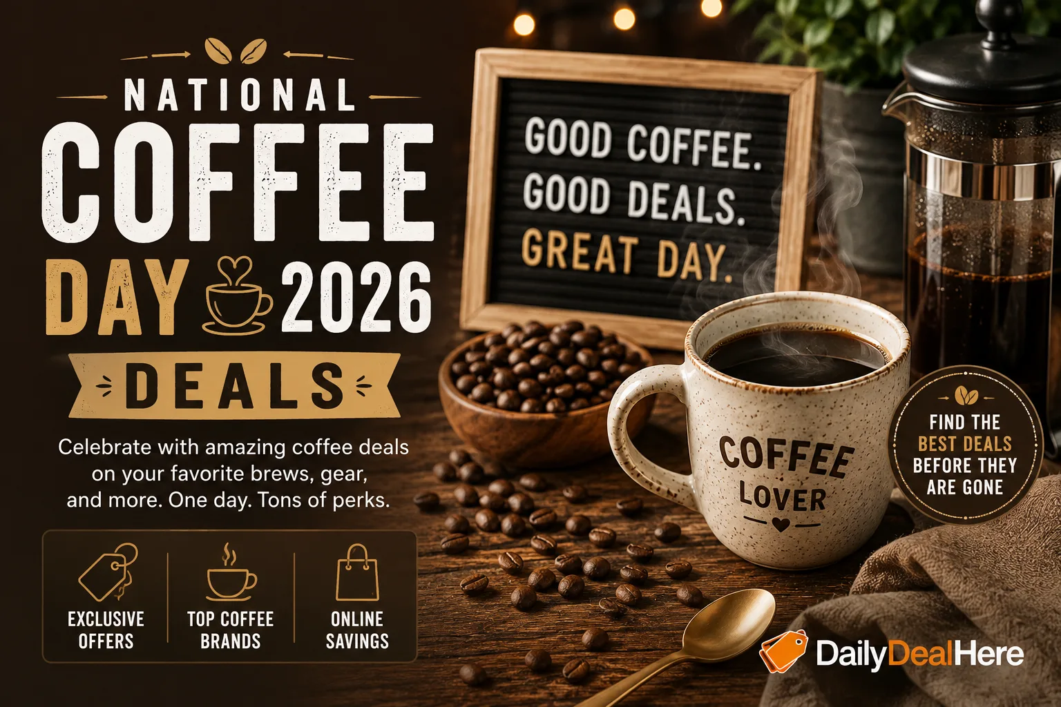 Steaming coffee mug with coffee beans, french press and a letterboard celebrating National Coffee Day deals