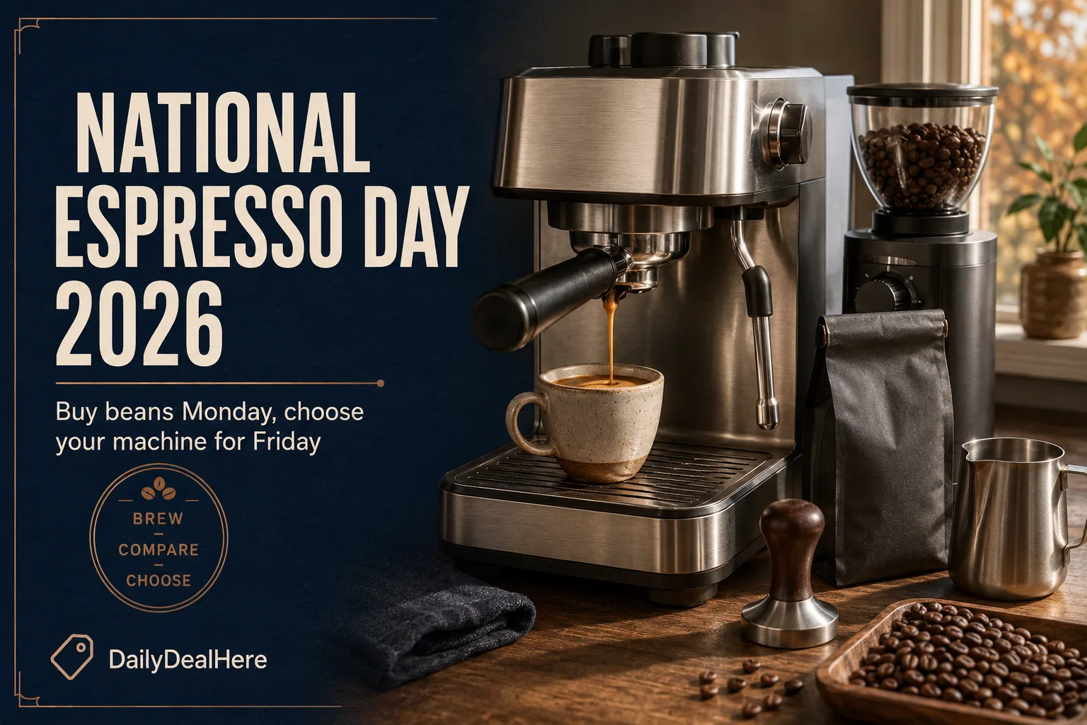 Espresso machine pulling a shot beside a burr grinder, tamper and a bag of fresh beans