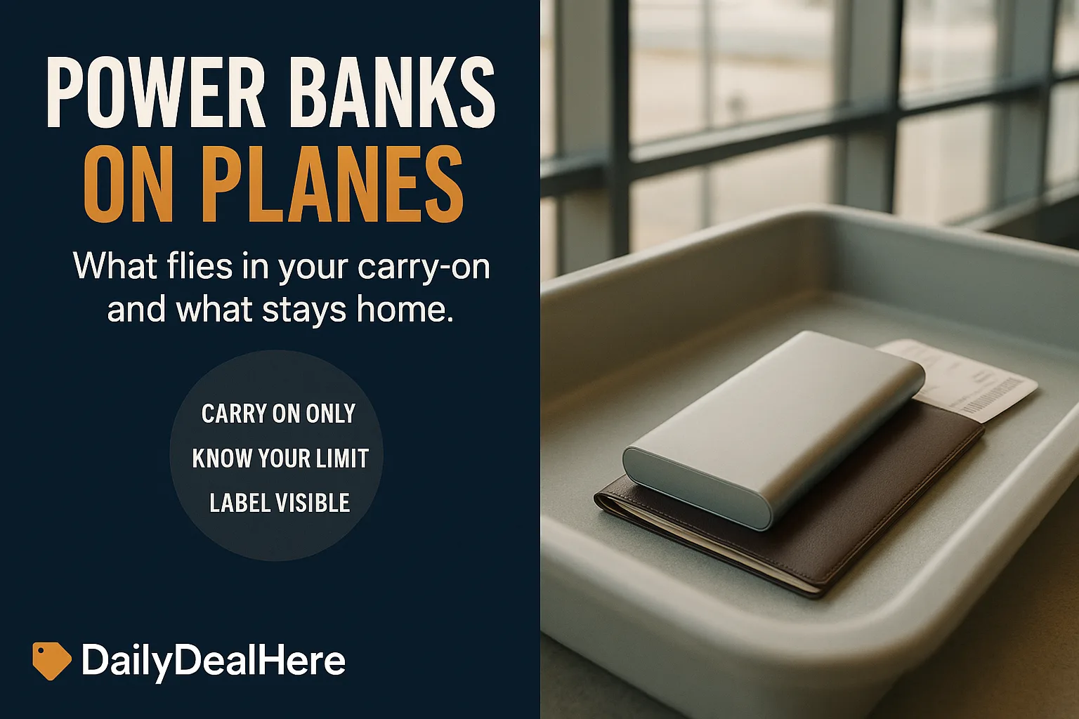 Power bank in an airport security tray next to a passport and boarding pass