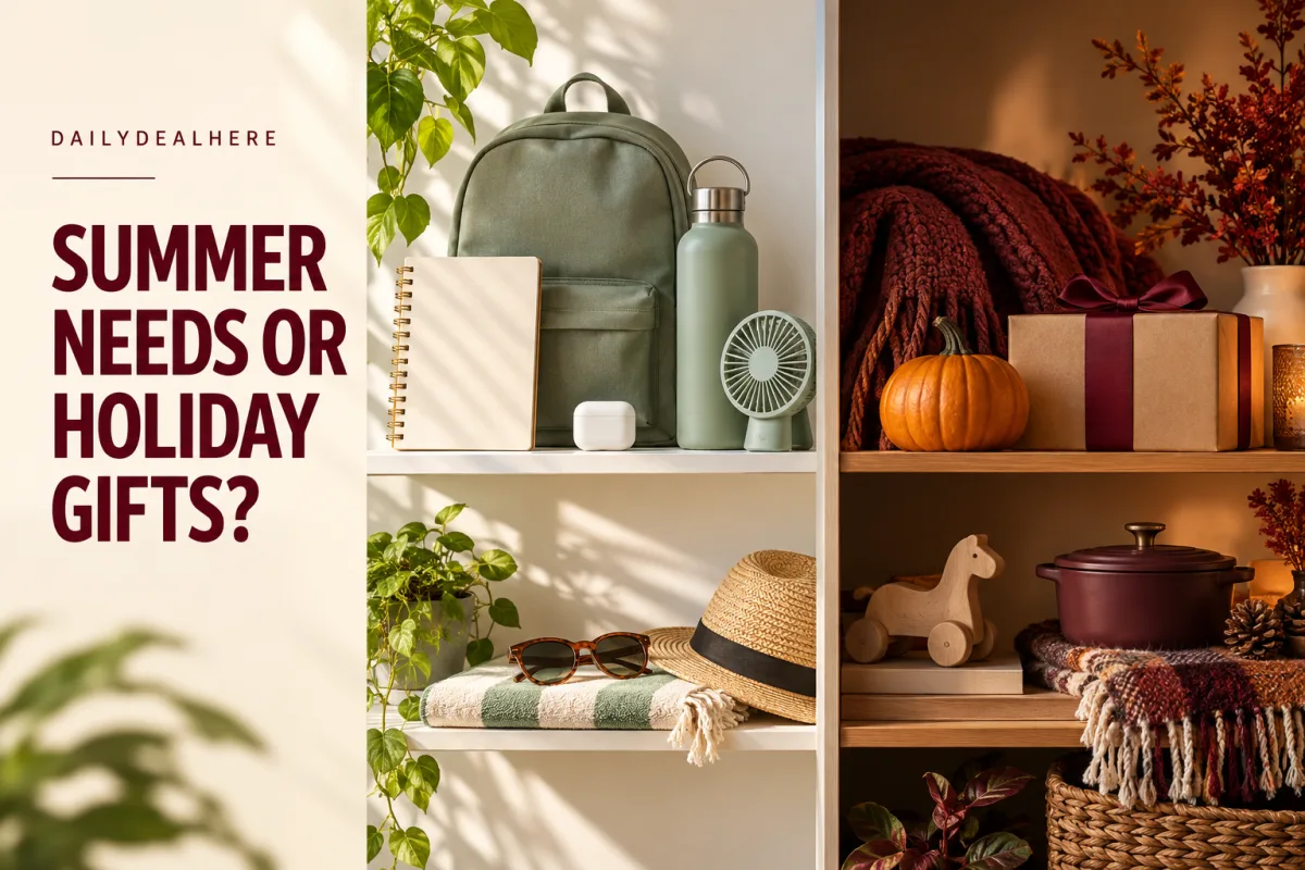 Summer needs or holiday gifts: shelves with a backpack, water bottle and fan on one side and toys, cookware and gifts on the other