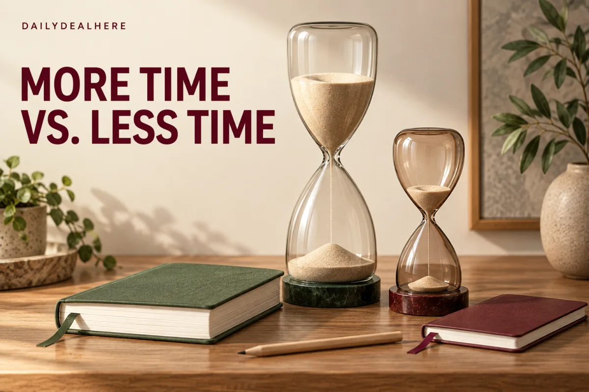 More time vs less time: a large hourglass next to a small one on a desk with two notebooks
