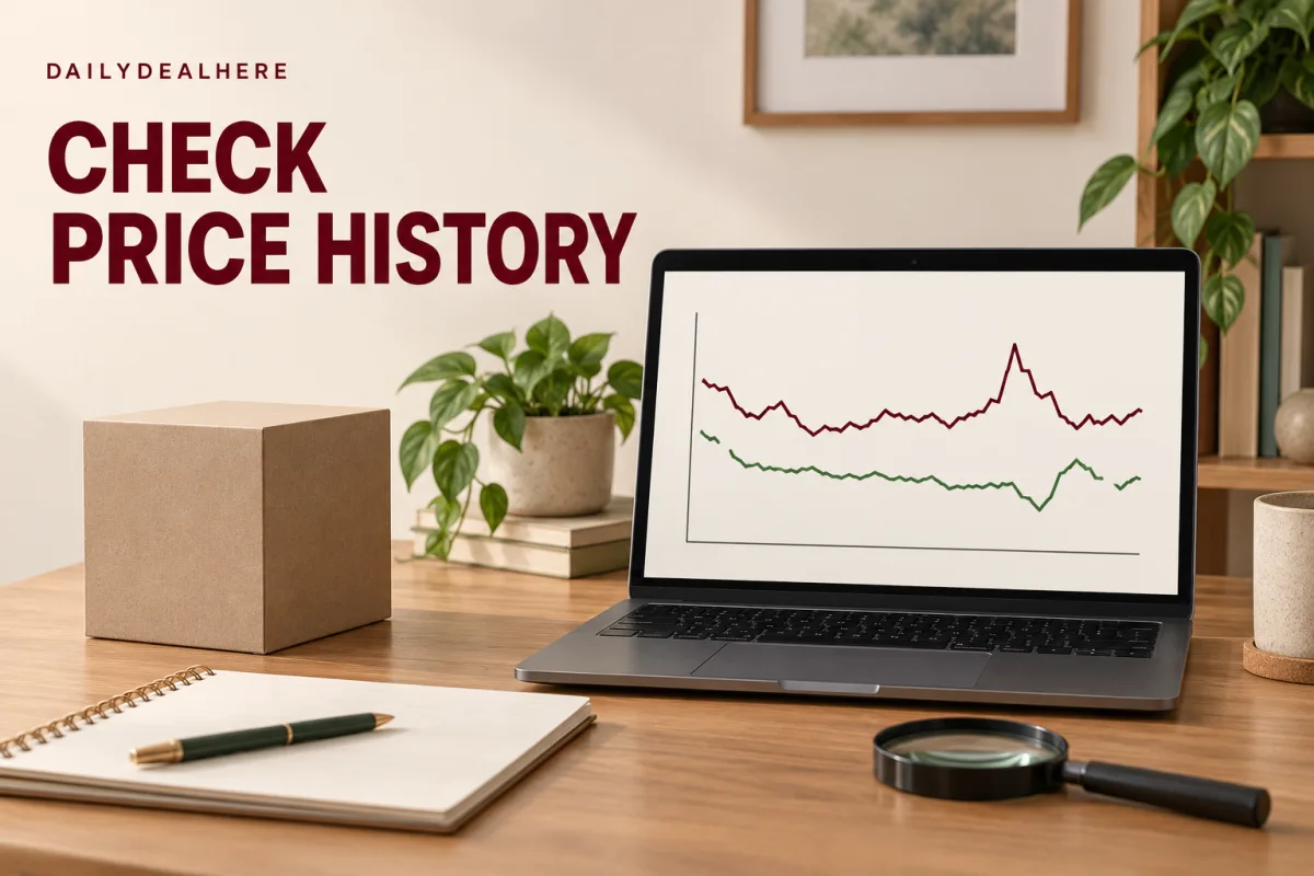 Check price history: a laptop showing two price lines over time beside a notebook and magnifying glass