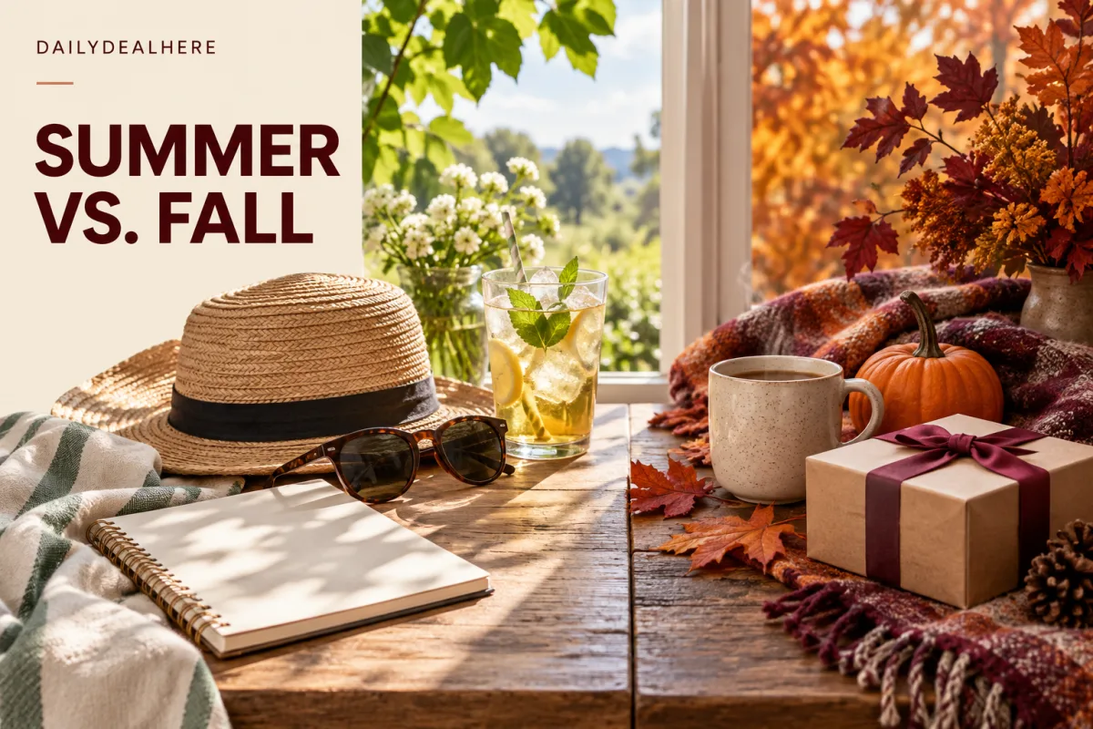 Summer vs fall: a table split between a summer scene with a straw hat and iced drink and a fall scene with a pumpkin and gift