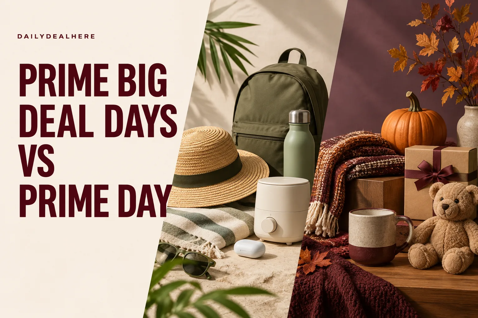 Prime Big Deal Days vs Prime Day: summer items like a straw hat and water bottle beside fall items like a pumpkin, blanket and gifts