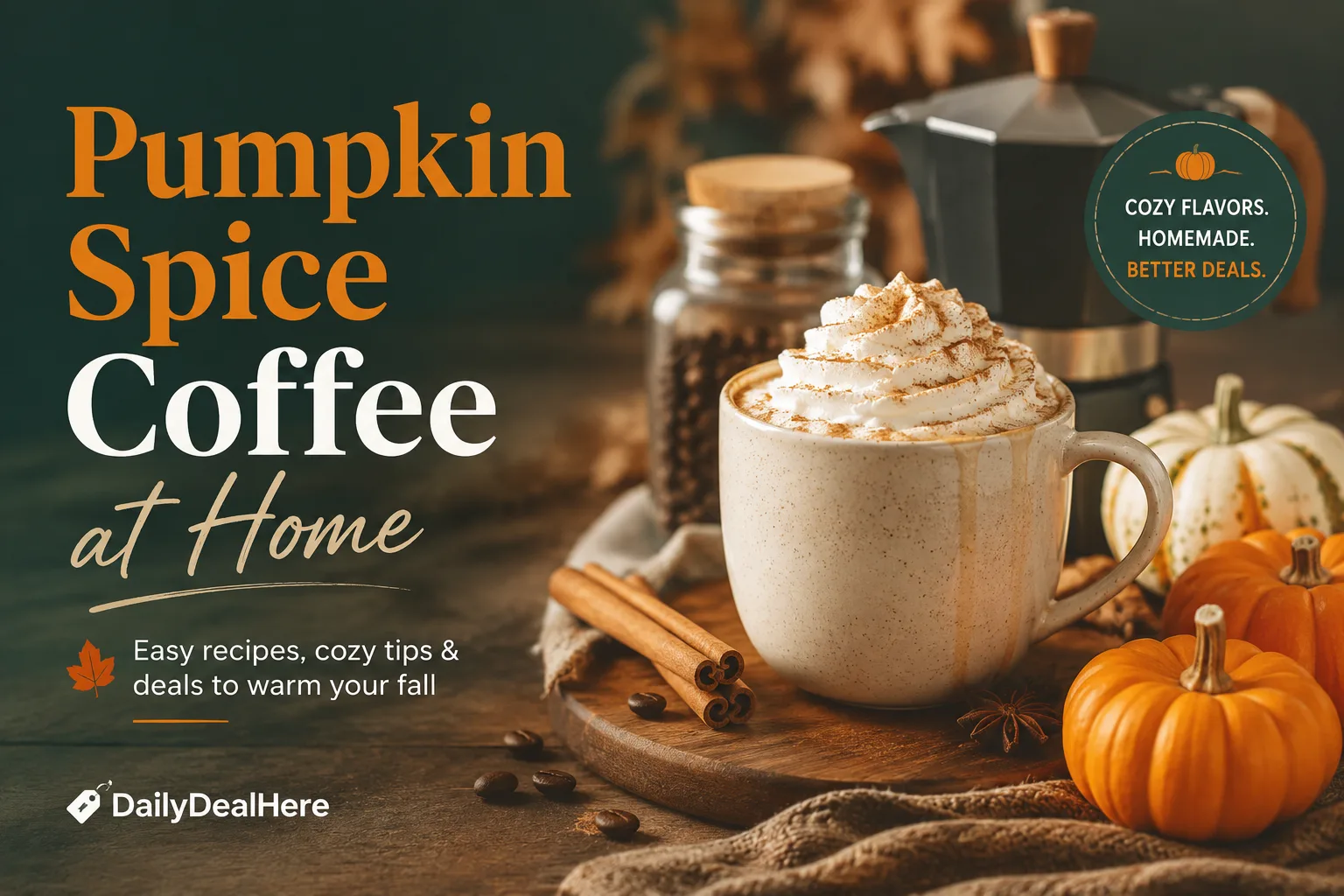 Homemade pumpkin spice latte with whipped cream, moka pot, cinnamon sticks and pumpkins on a wooden table