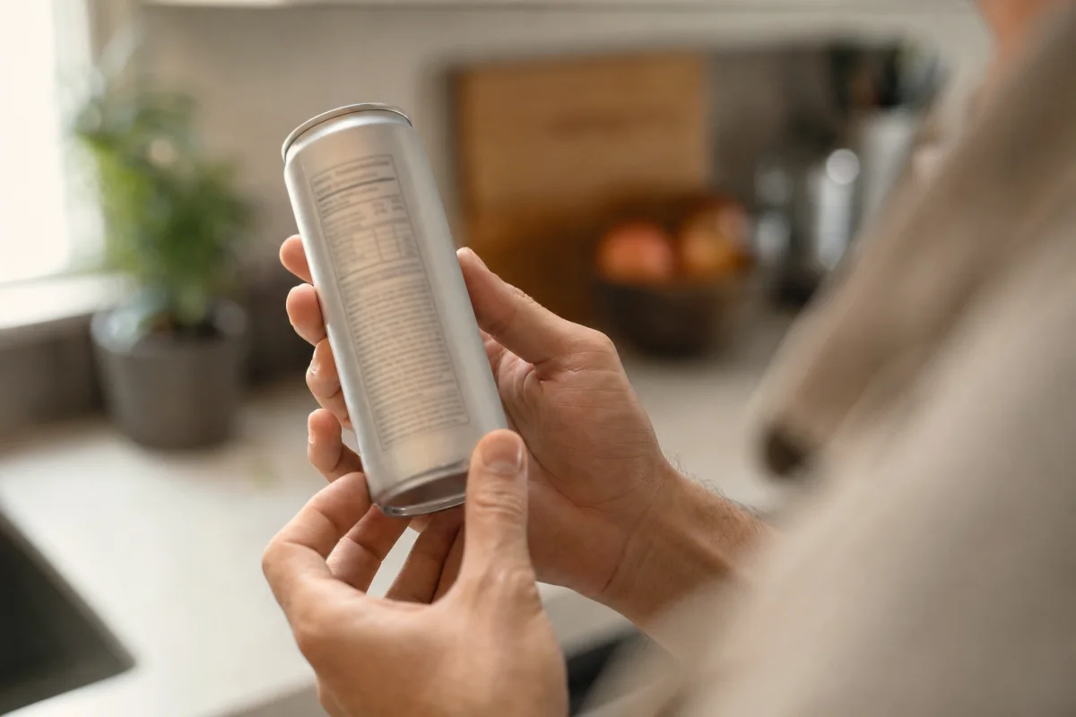 Hands turning an energy drink can to read the caffeine amount on the nutrition panel
