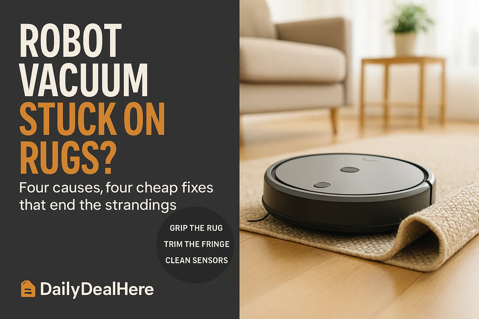 Robot vacuum caught on the curled edge of a woven area rug in a living room