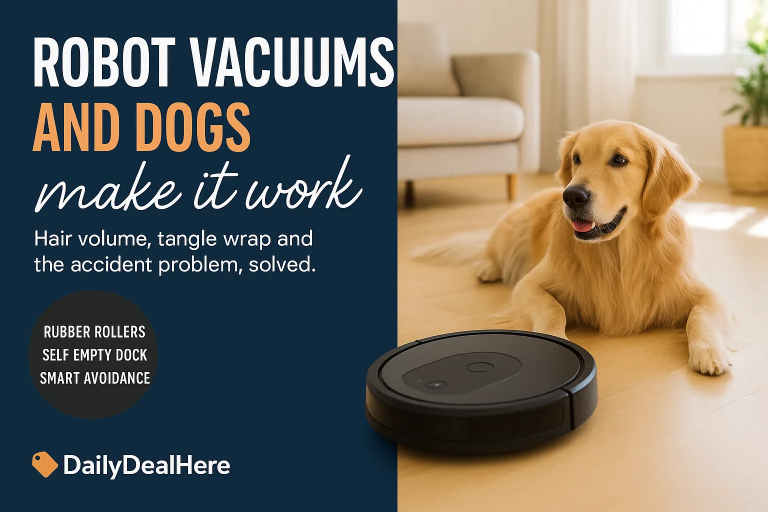 Golden retriever lying on a wooden floor watching a robot vacuum pass by