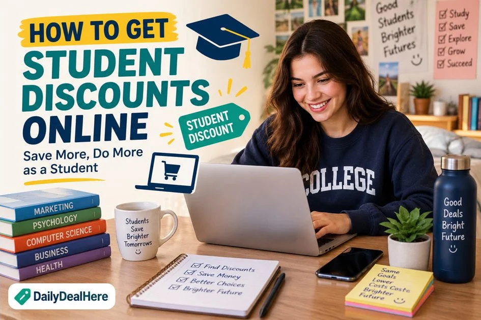 Student at a laptop with textbooks, notebook and a student discount tag