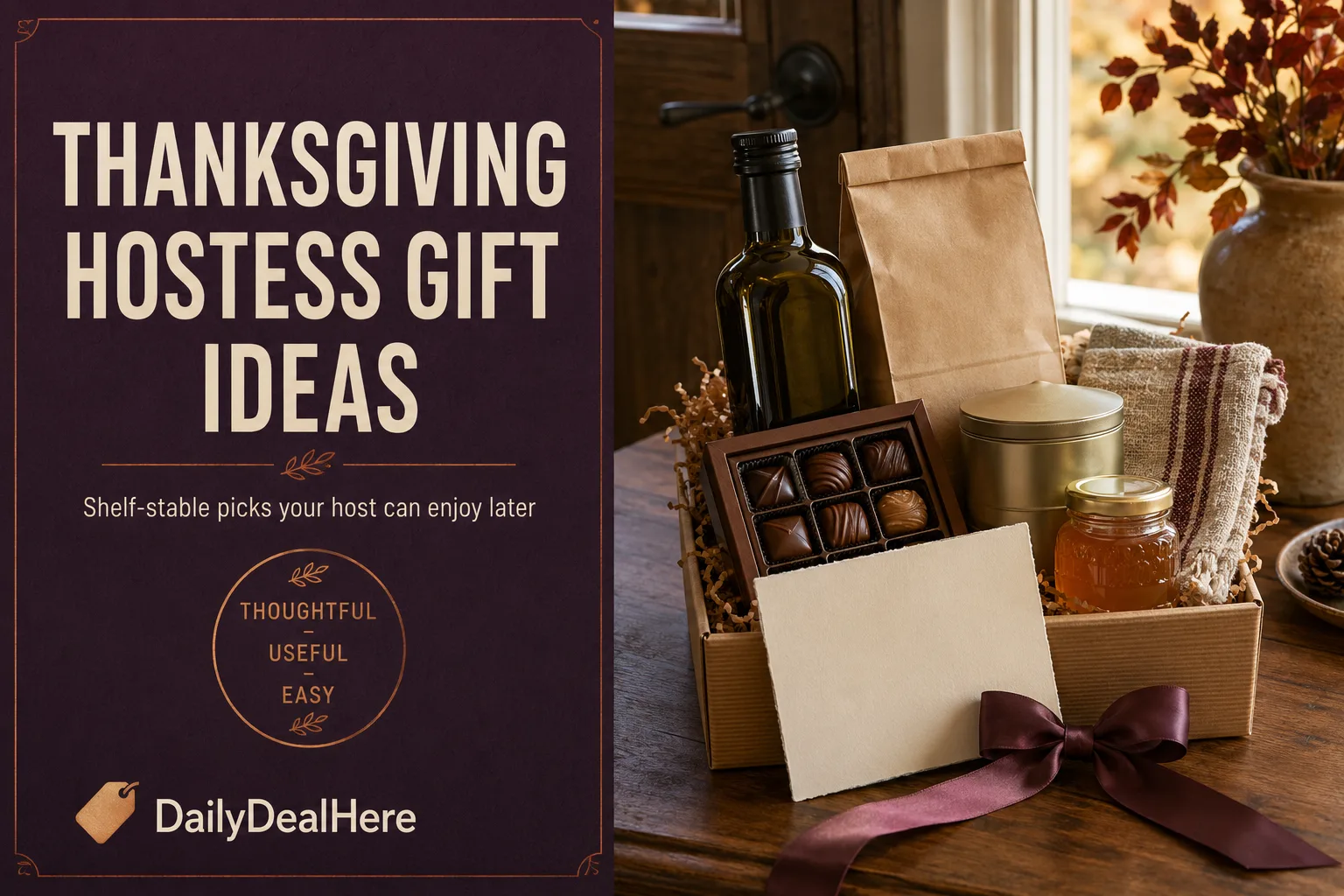 Thanksgiving hostess gift box with olive oil, chocolates, honey, a tea tin and a linen towel
