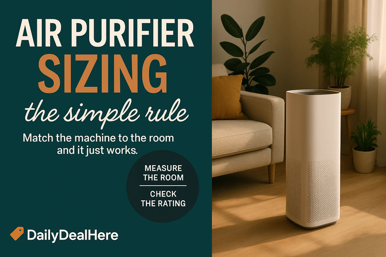 Tower air purifier in a cozy living room with sofa and plants